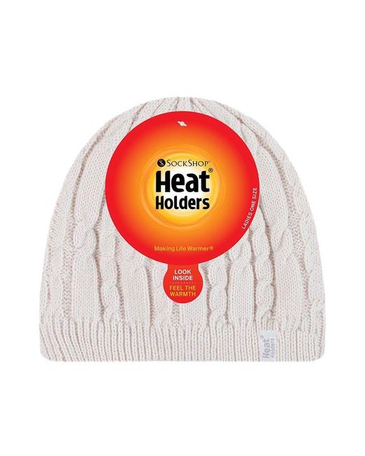 Heat Holders White Ribbed Cable Knit Fleece Lined Thermal Knitted Beanie Hat