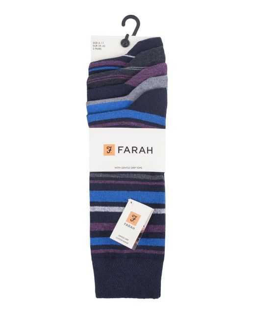 Farah Blue 5 Pack Thin Breathable Classic Striped Patterned Soft Top Cotton Dress Socks for men