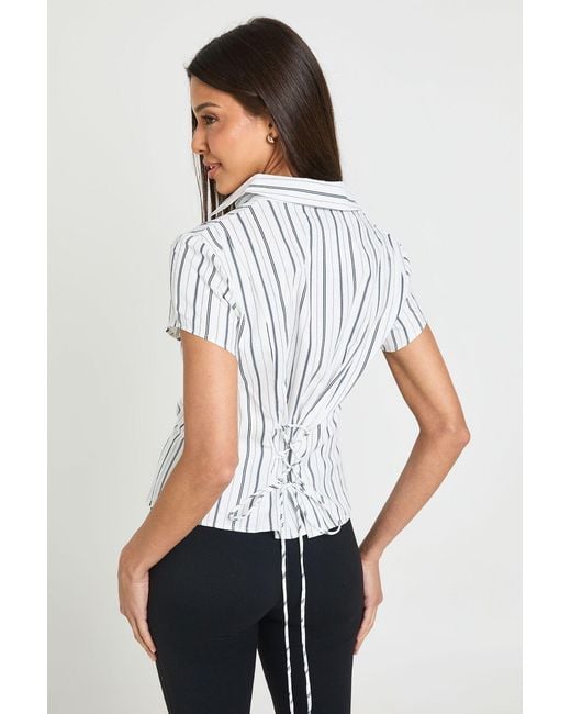 Boohoo White Stripe Tie Back Short Sleeve Fitted Shirt