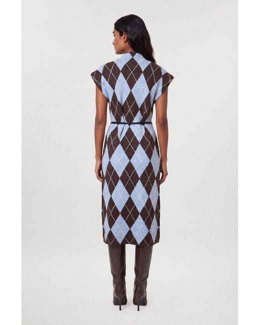 Karen Millen Blue Studded Argyle Wool Blend Cosy Knit Belted Midi Dress