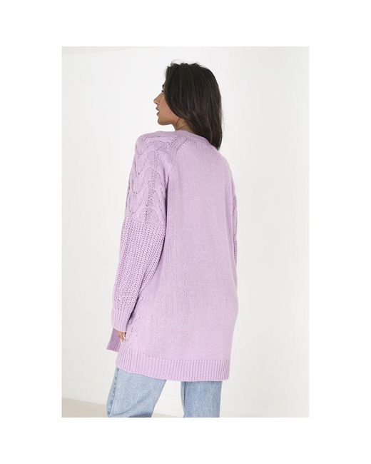 Brave Soul Purple 'Cabella' Cable Detail Cardigan With Balloon Sleeves