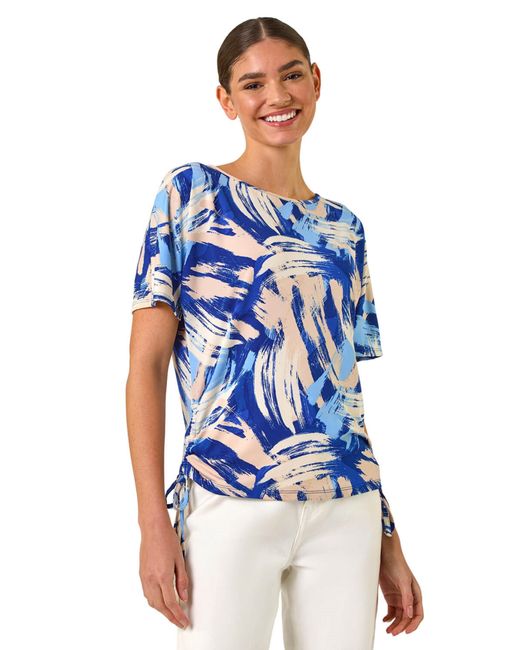 Roman Blue Abstract Print Side Tie Detail Top