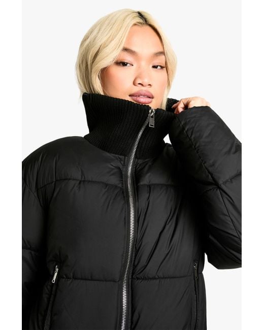 Boohoo Rib Detail Puffer Jacket in Black Lyst UK
