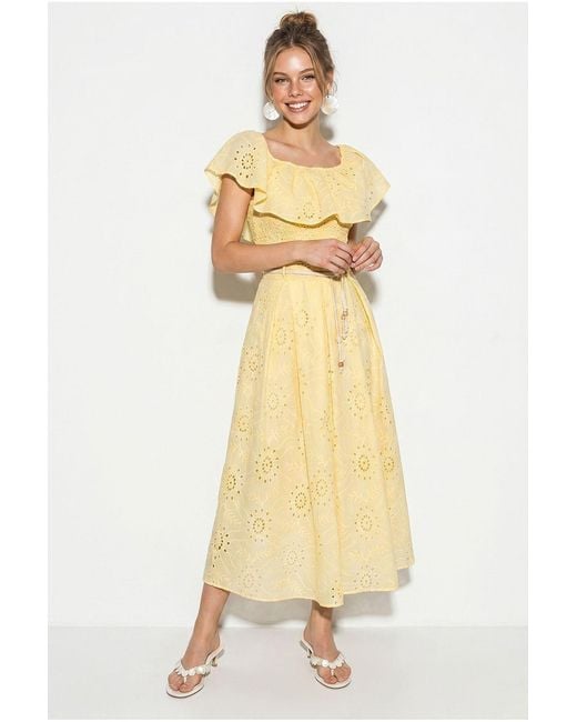 Bianco Lucci White Embroidered Off-Shoulder Blouse And Midi Skirt Set