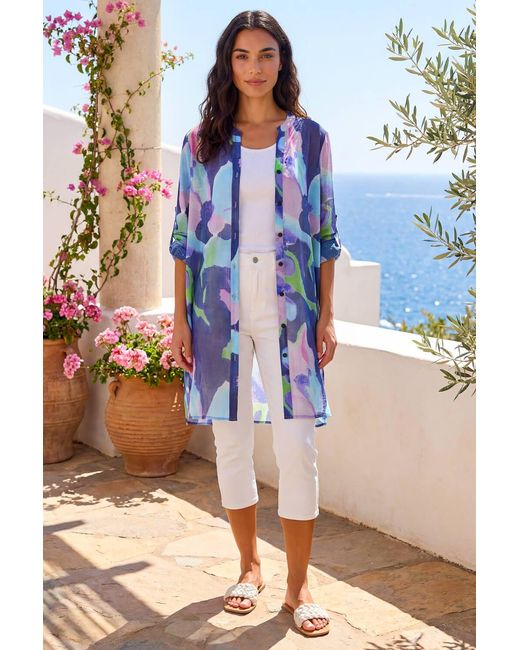 Roman Blue Abstract Print Button Longline Blouse