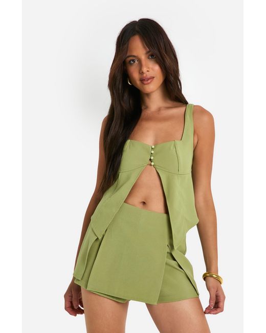 Boohoo Green Button Up Split Hem Longline Top