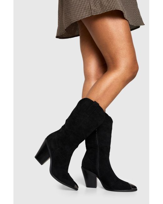 Boohoo Black Toe Cap Detail Western Boots