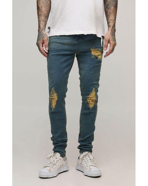 BoohooMAN Blue Tall Skinny Fit Rip & Repair Embroidery Denim Jeans for men