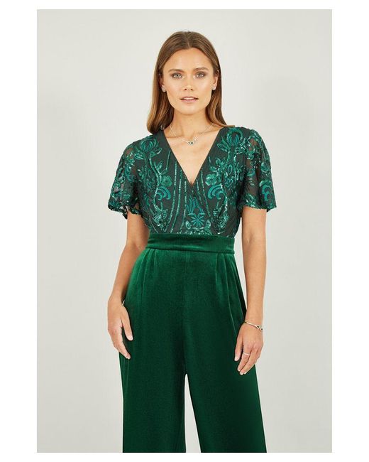 Yumi' Green Sequin Embellished Velvet Jumpsuit With Angel Sleeves
