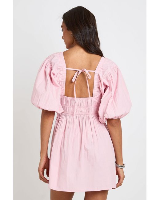 Boohoo Pink Tall Cotton Poplin Shirred Bodice V Neck Puff Sleeve Mini Dress
