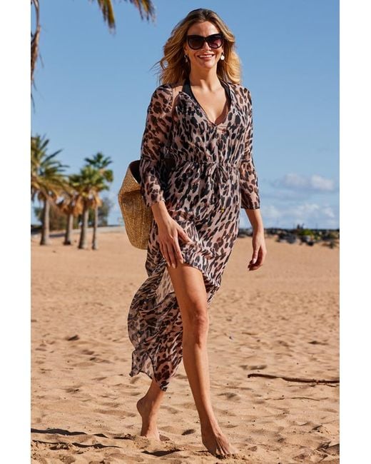 Sosandar Leopard Print Tie Waist Fluted Sleeve Beach Kaftan in Blue | Lyst  UK