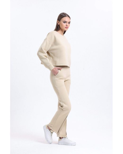 Hiccup Natural 2 Pieces: Round Neck Basic Sweatshirt & High Waist Slit Sweatpant