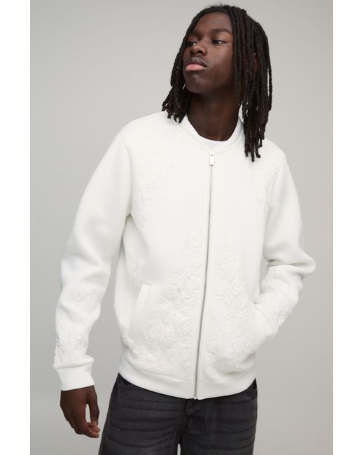 BoohooMAN White Regular Fit Floral Embroidered Scuba Bomber Jacket for men