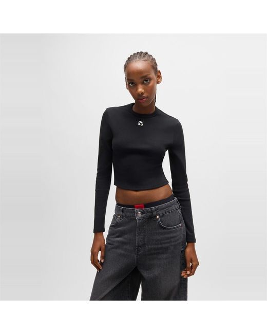 HUGO Black Cropped Crew Neck Slim Fit T-Shirt