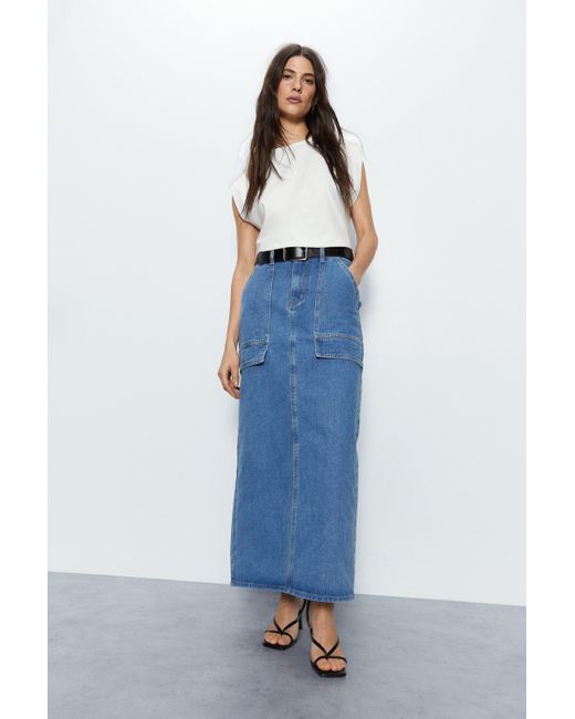 Warehouse Blue Denim Cargo Midi Skirt