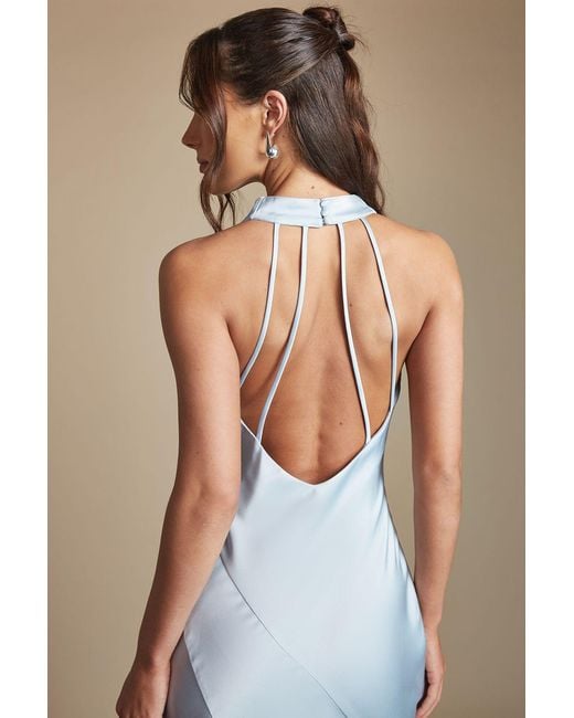 Oasis Blue Cowl Halterneck Satin Maxi Bridesmaid Dress