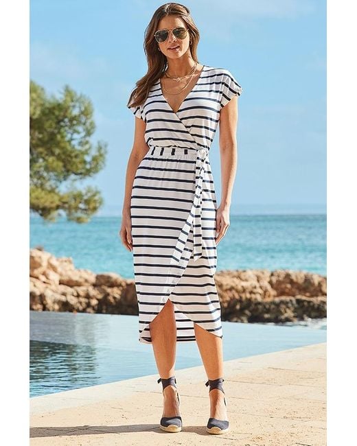 Sosandar Blue Striped Wrap Front Belted Dress