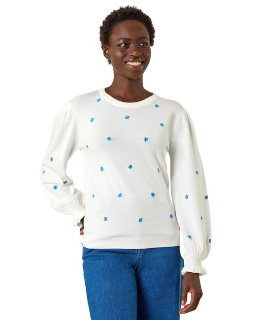 Roman White Floral Embroidery Knit Top