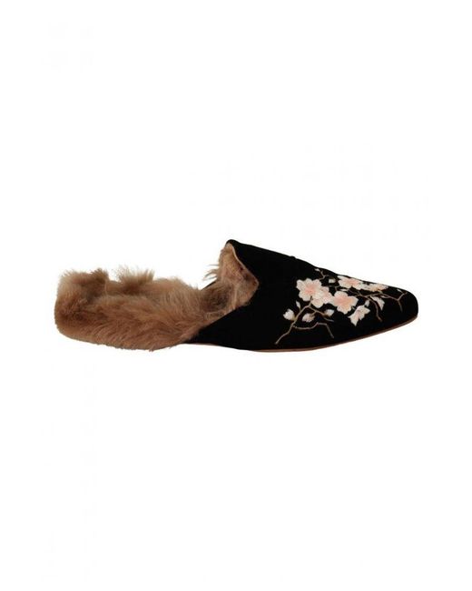 GIA COUTURE Brown Velvet Floral Fur Slip On Flats Shoes