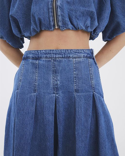 River Island Blue Midi Skirt Denim Bubble Hem Cotton