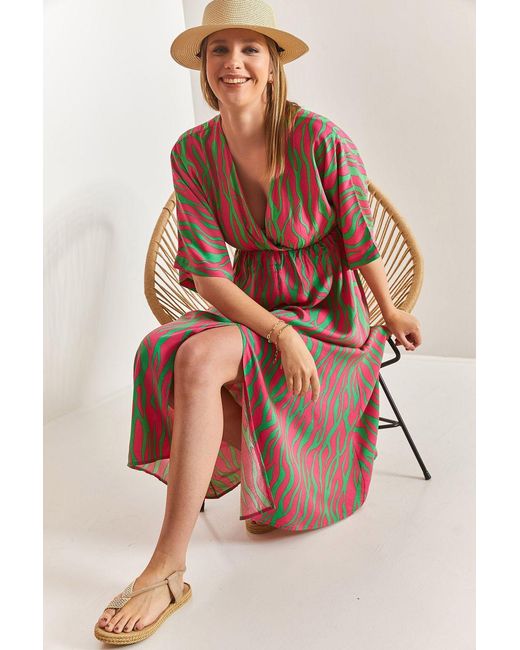 Bianco Lucci Multicolor Printed V-Neck Midi Dress With Slit