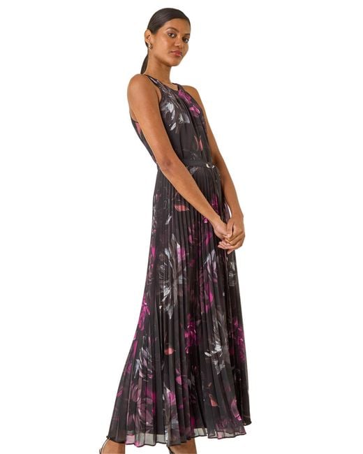 Roman Purple Floral Pleated Halter Neck Maxi Dress
