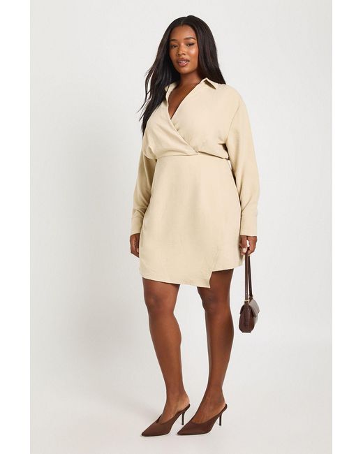 Boohoo Natural Plus Peached Collared Wrap Shirt Dress