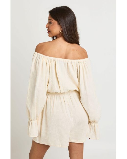 Boohoo Natural Textured Bardot Blouson Playsuit
