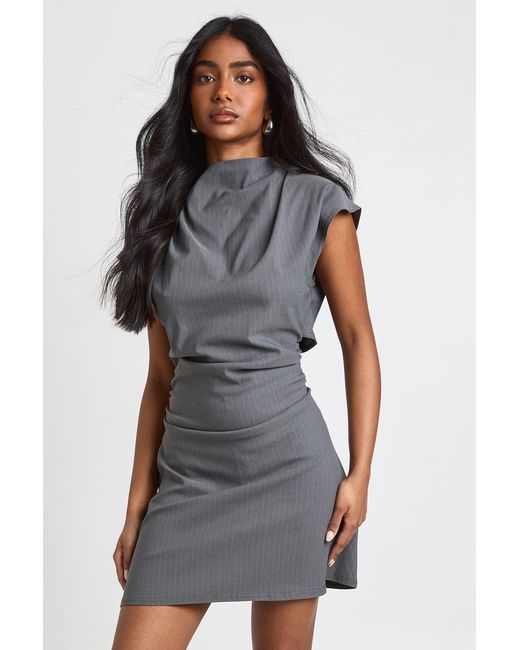 Boohoo Gray Pinstripe Ruched High Neck Cap Sleeve Shift Dress