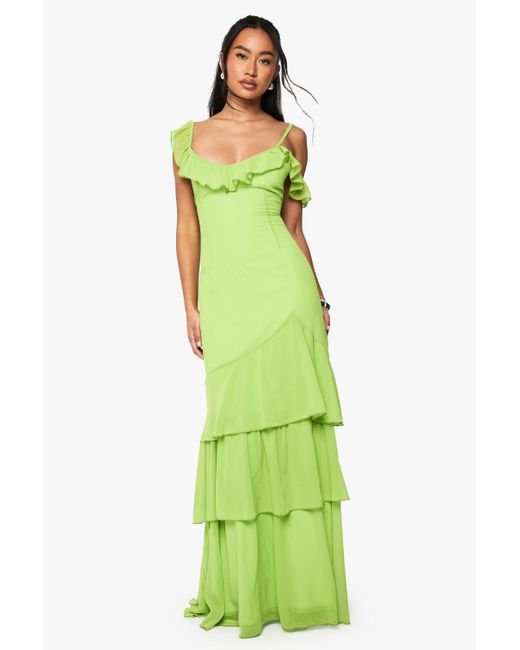 Boohoo Green Chiffon Strappy Ruffle Maxi Dress