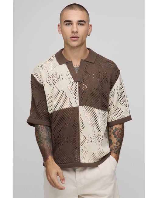 BoohooMAN Natural Oversized Boxy Open Stitch Crochet Knitted Polo for men