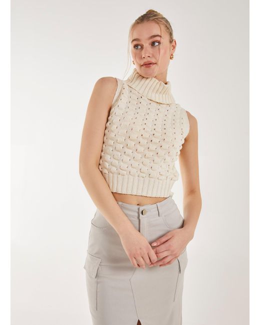 Pink Vanilla White Knitted High Neck Threaded Sleeveless Top