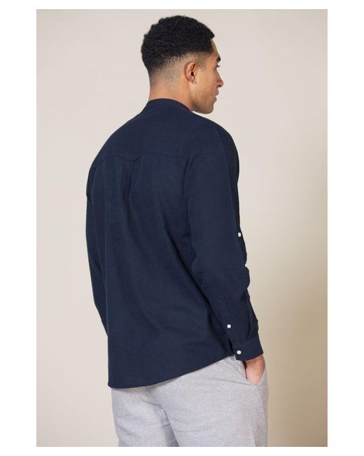 Nines Blue 'Jadran' Linen Blend Long Sleeve Button-Up Shirt With Grandad Collar for men