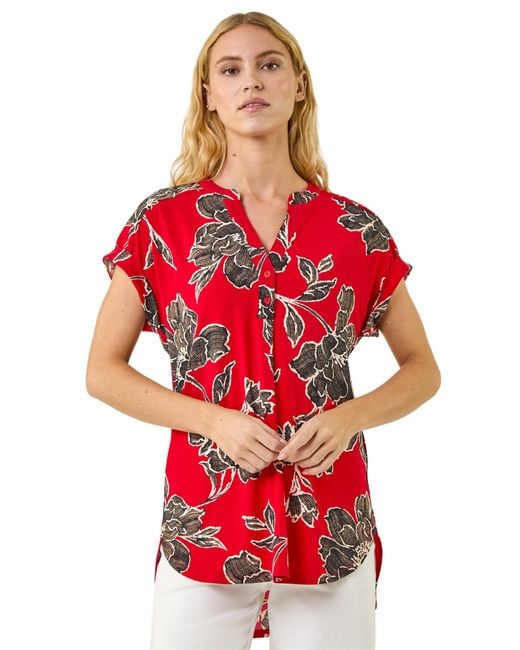 Roman Red Floral Puff Print Stretch Top