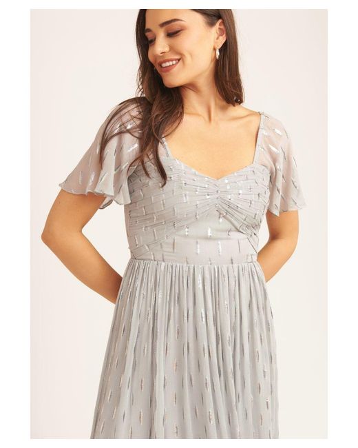 Gini London Natural Jacquard Metallic Angel Sleeves Midi Dress