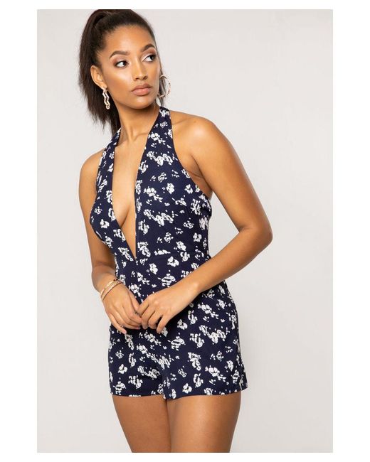 Urban Bliss Blue Halter Neck Plunge Tie Back Floral Print Playsuit