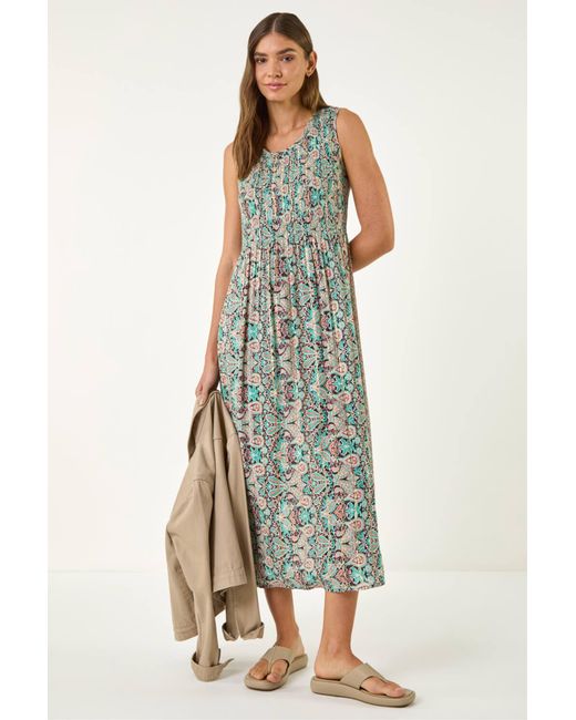 Roman Blue Paisely Print Shirred Midi Dress