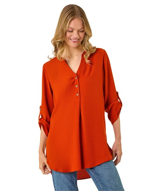 Roman Orange Longline Notch Neck Buttoned Top