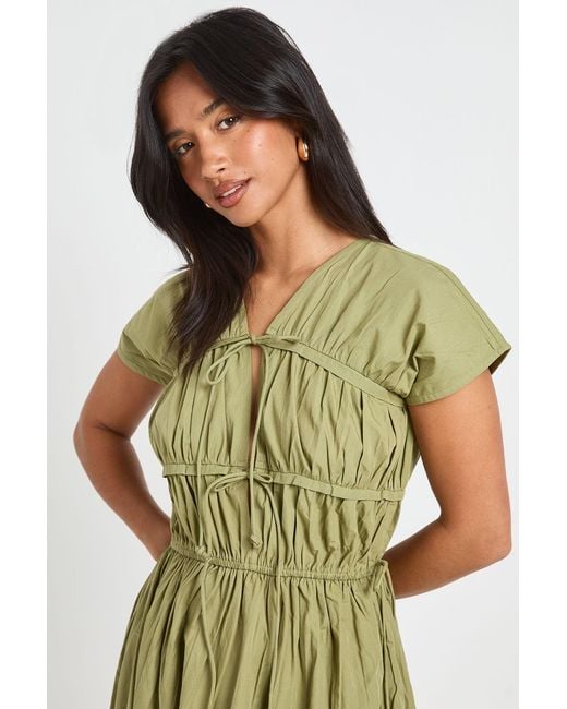 Boohoo Green Petite Cotton Poplin Shirred Front Tie Maxi Dress