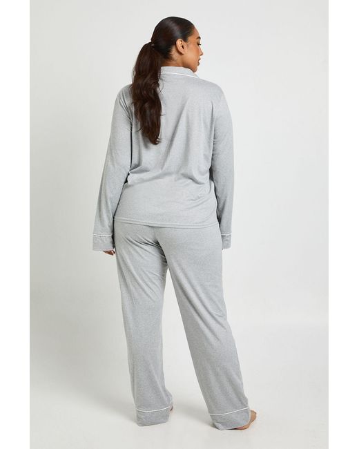 Boohoo Gray Plus Piping Detail Long Sleeve Shirt & Trouser Pyjama Set