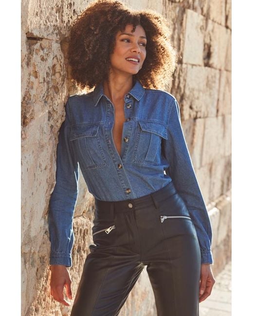 Sosandar Blue Mid Denim Utility Shirt