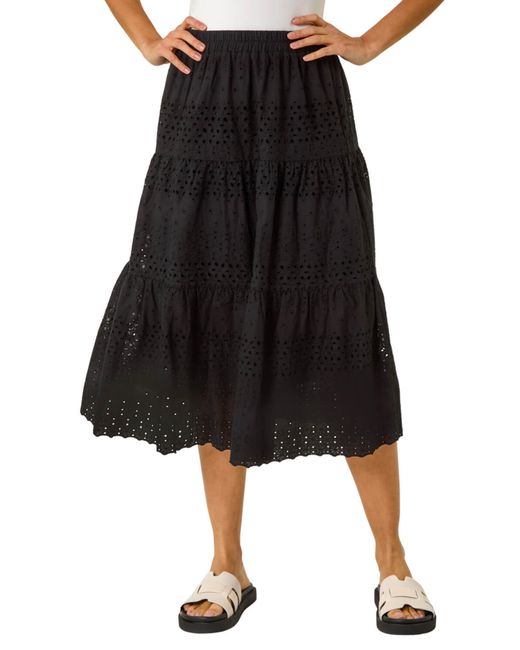 Roman Black Broderie Cotton A-Line Midi Skirt