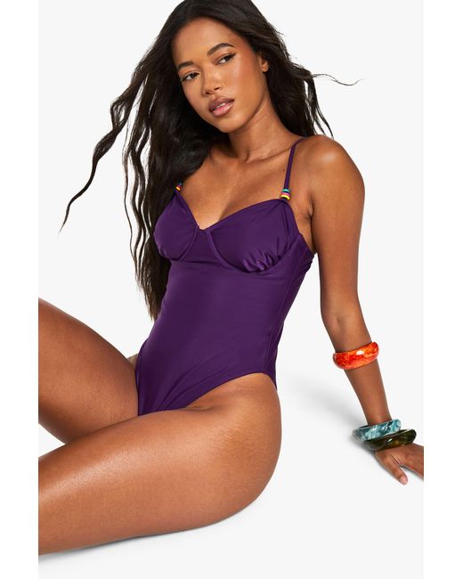 Boohoo Purple Beaded Balcony Swimsuit