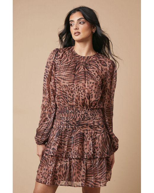 Oasis Brown Chiffon Gathered Ruched Mini Dress