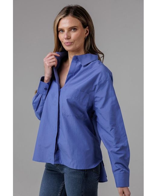 French Connection Blue Cotton Long Sleeve Chest Pocket Poplin Popover High-Low Hem Shirt