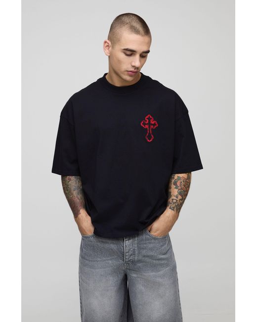 BoohooMAN Blue Oversized Boxy Embroidered Gothic Cross T-Shirt for men