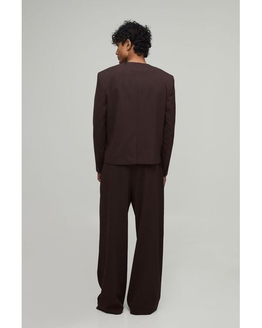 BoohooMAN Black Tailored Double Pleat Belted Wide Fit Suit Trousers
