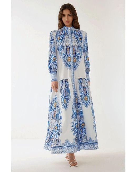 Hiccup Blue Printed Long Sleeve Maxi Dress