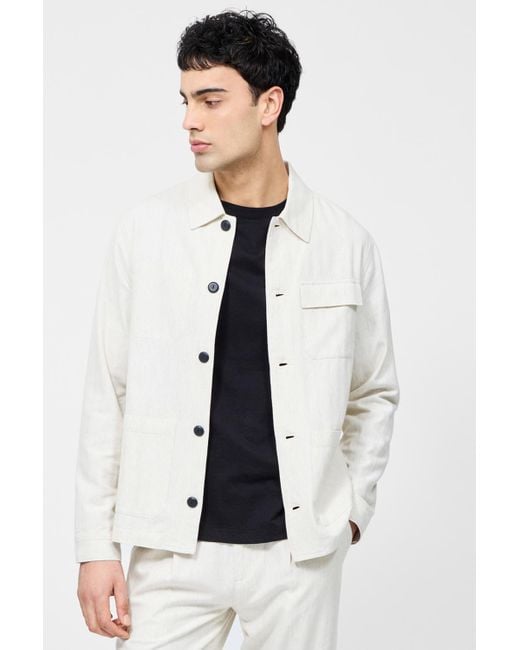 French Connection White Cotton Blend Herringbone Button Up Chore Shacket Overshirt for men