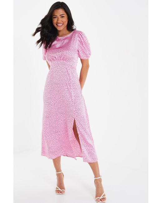 Quiz Pink Polka Dot Satin Midi Dress